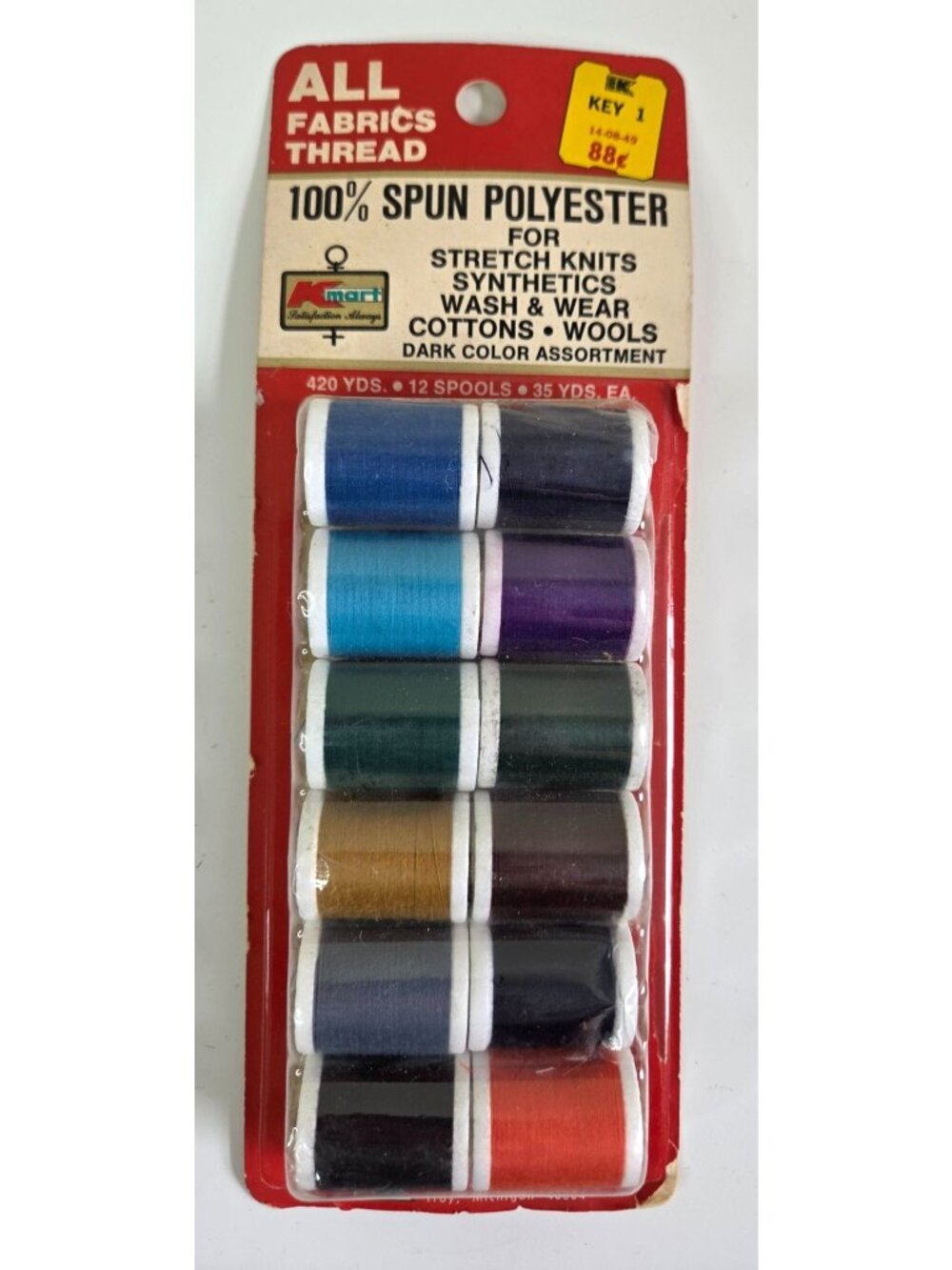 Vtg Kmart 100% Spun Polyester Sewing Thread 12 Spools Dark Colors Assorted